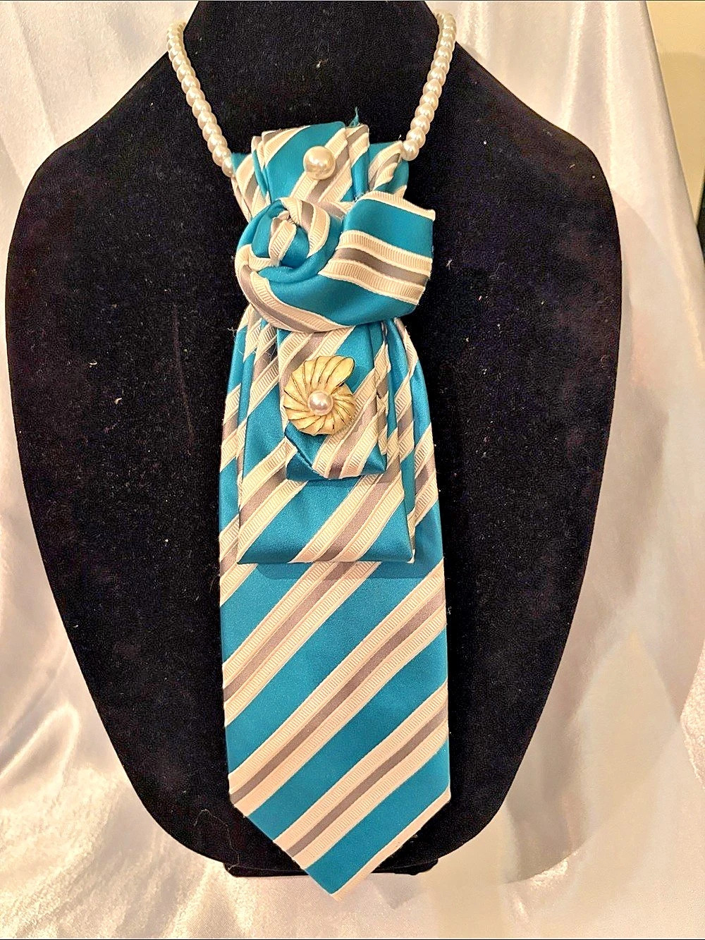 Teal & White Striped Statement Tie Necklace
